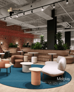 Espace de travail collaboratif moderne avec mobilier confortable et ambiance chaleureuse.