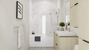 Photo d'une salle de bain moderne avec baignoire, murs en marbre blanc et décoration minimaliste.