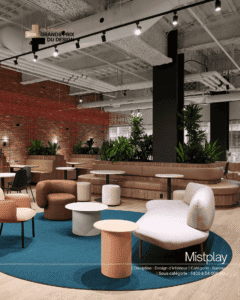 Espace de coworking avec mobilier contemporain, plantes vertes et ambiance chaleureuse pour travaill.
