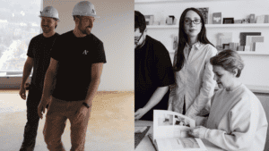 Travailleurs en construction portant casques A+ et équipe de design intérieur discutant d'un proje.