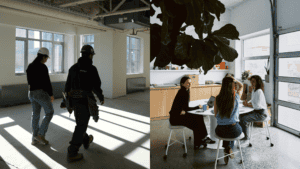 Groupe de personnes en réunion dans un espace de coworking lumineux.