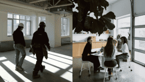 Équipe en réunion et en déplacement dans un espace de travail moderne.
