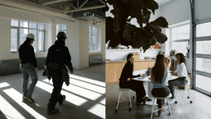Espace de coworking lumineux avec des personnes en réunion et en déplacement.