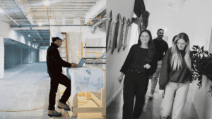 Jeune professionnel travaillant sur ordinateur dans un espace de coworking moderne.