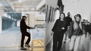 Jeune professionnel utilisant un ordinateur dans un atelier de construction moderne.