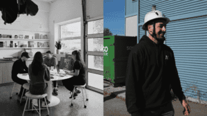 Montage photo en deux volets : à gauche, une équipe réunie autour d'une table dans un bureau; à droite, un employé A+ portant un casque de chantier devant un bâtiment industriel
