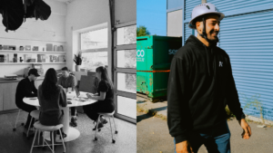 Groupe de professionnels en réunion dans un espace de coworking moderne.