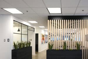 Intérieur d'un bureau moderne avec plantes et décoration artistique.