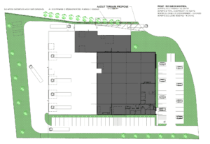 Plan d'aménagement architectural avec parking et espaces verts.